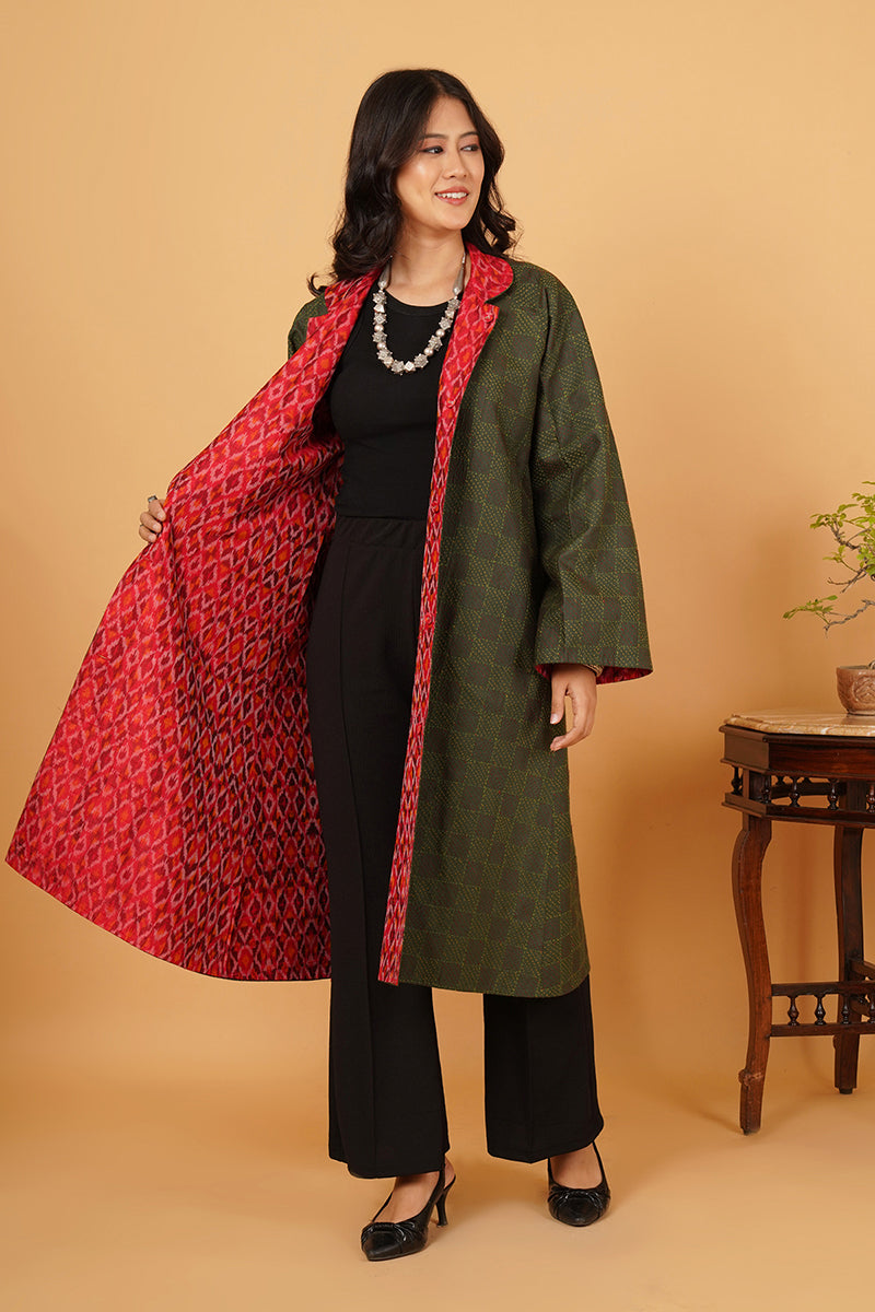 GREEN RED KANTHA LONG JACKET