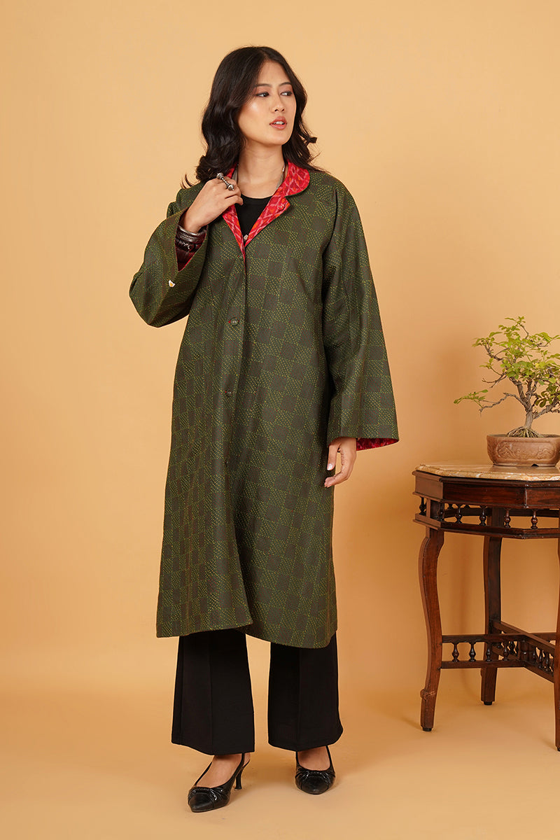 GREEN RED KANTHA LONG JACKET