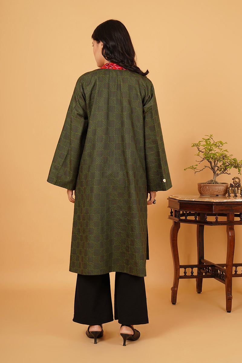 GREEN RED KANTHA LONG JACKET