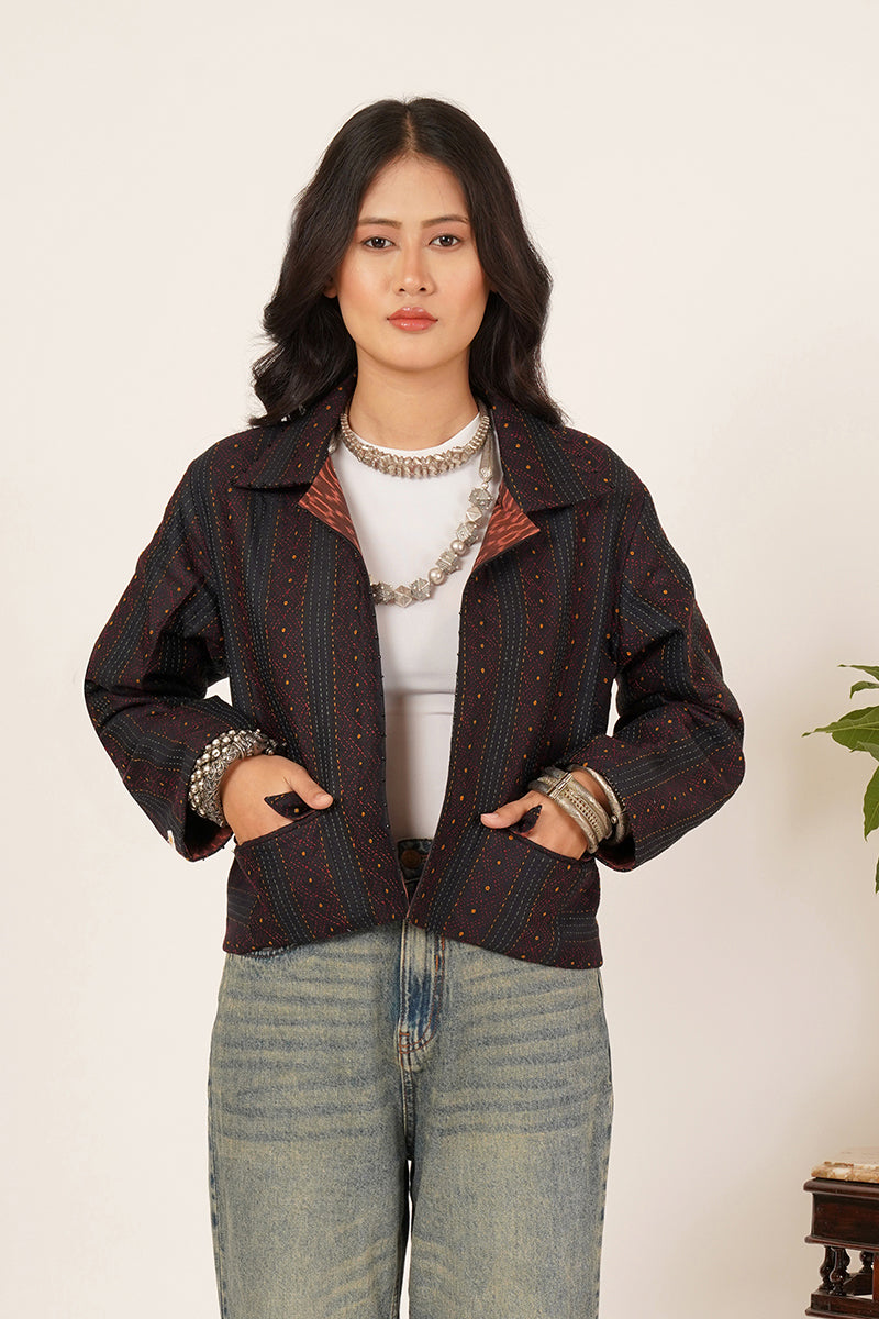 BLACK KANTHA CROP JACKET