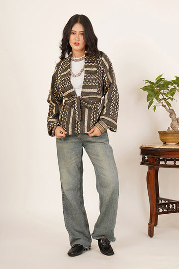 BLACK CREAM KANTHA AZRAK SHORT JACKET