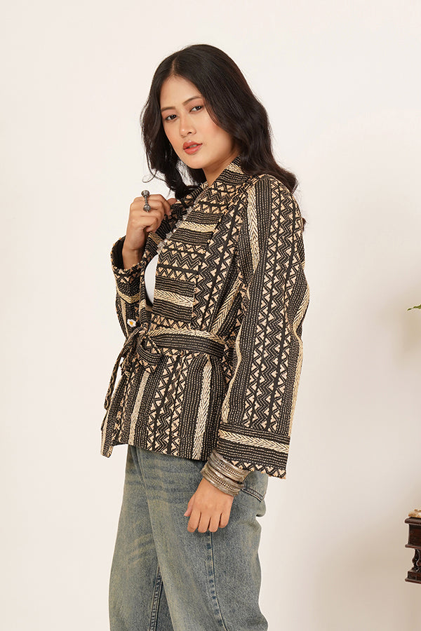 BLACK CREAM KANTHA AZRAK SHORT JACKET