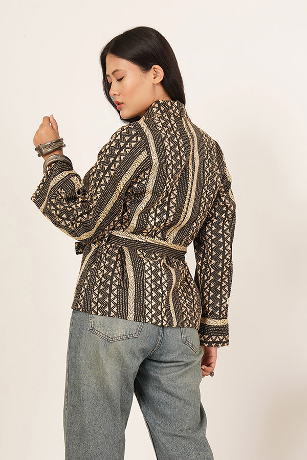 BLACK CREAM KANTHA AZRAK SHORT JACKET