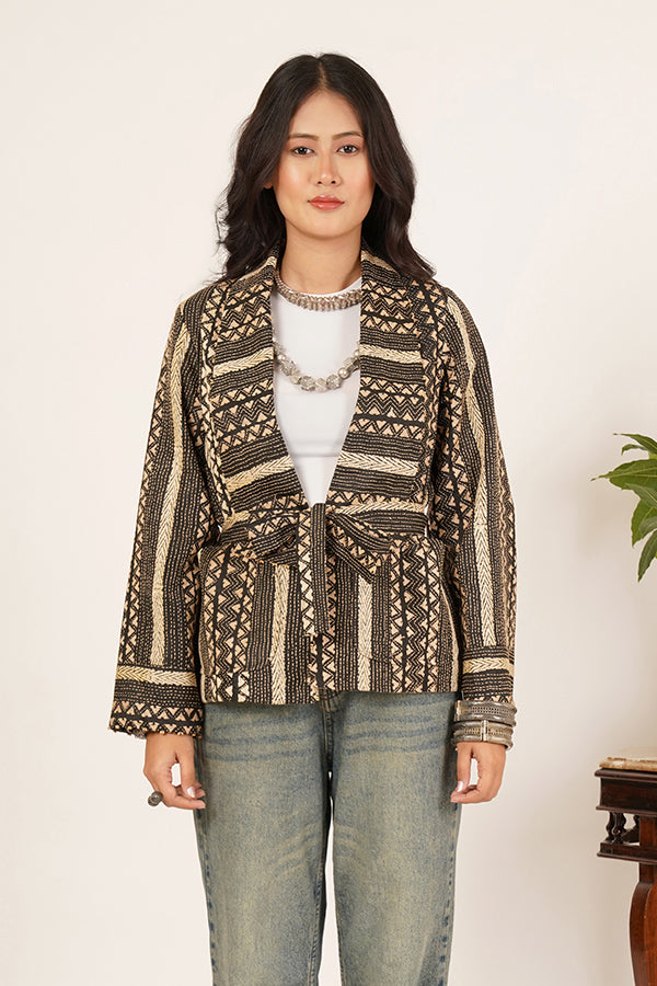 BLACK CREAM KANTHA AZRAK SHORT JACKET
