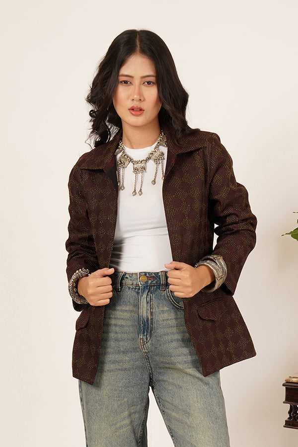 BROWN KANTHA AJRAK SHORT JACKET