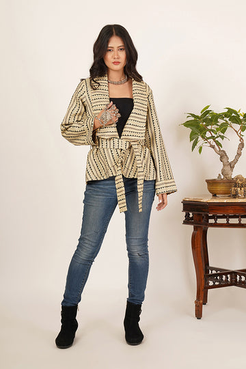 CREAM KANTHA AJRAK COTTON SHORT JACKET