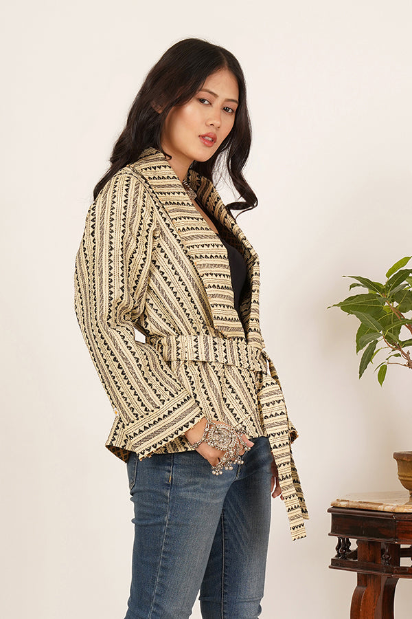 CREAM KANTHA AJRAK COTTON SHORT JACKET