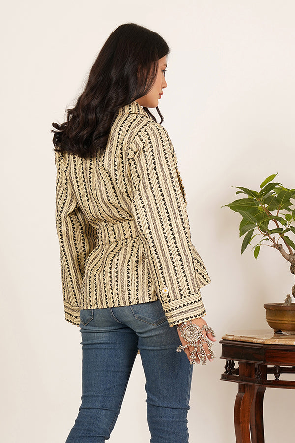 CREAM KANTHA AJRAK COTTON SHORT JACKET