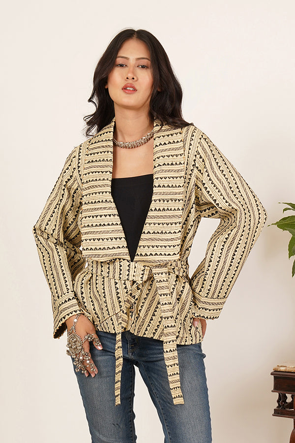 CREAM KANTHA AJRAK COTTON SHORT JACKET