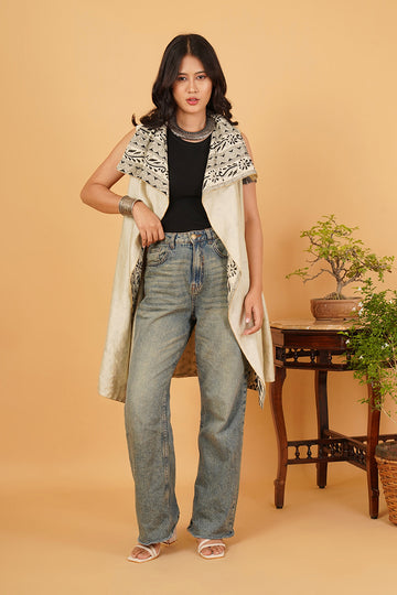 Black White Kantha Beige Chanderi Overlay..