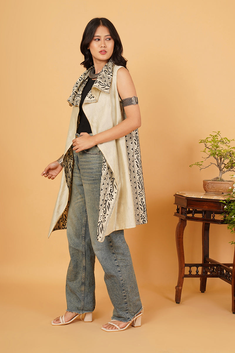 Black White Kantha Beige Chanderi Overlay..