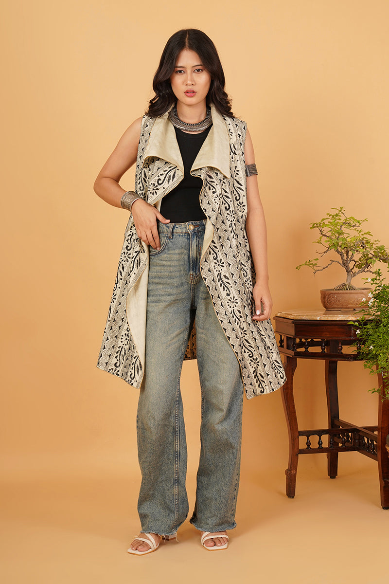 Black White Kantha Beige Chanderi Overlay..
