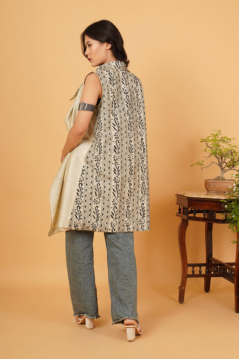 Black White Kantha Beige Chanderi Overlay..