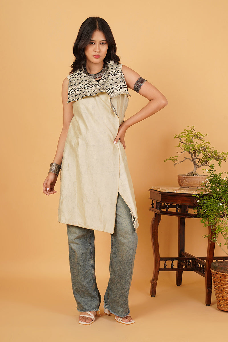 Black White Kantha Beige Chanderi Overlay..