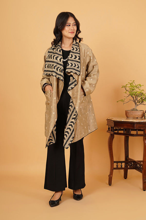 BLACK BEIGE KANTHA CHANDERI CAPE