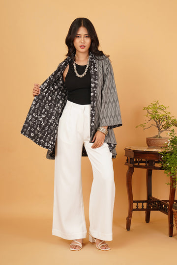 Black Kantha Grey Ikkat Cotton Overlay