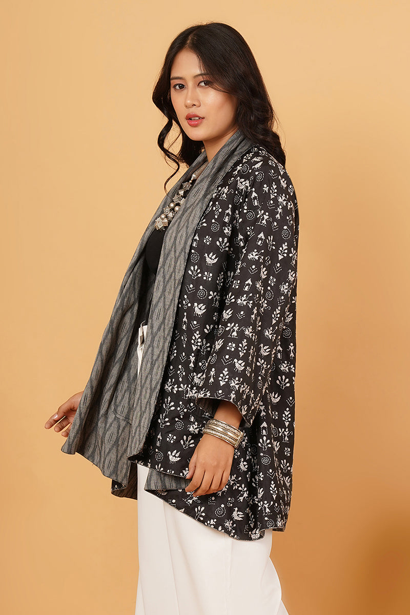 Black Kantha Grey Ikkat Cotton Overlay
