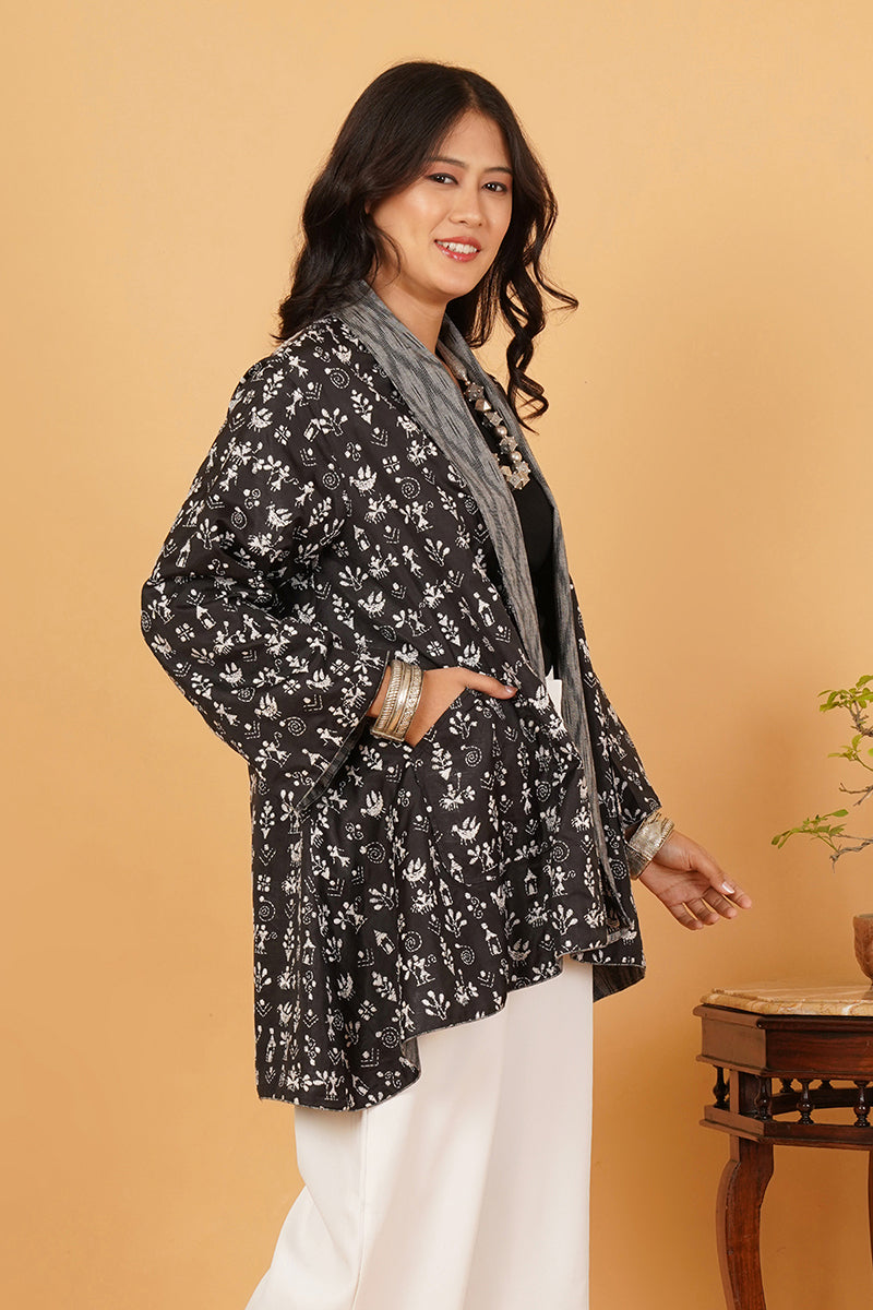 Black Kantha Grey Ikkat Cotton Overlay