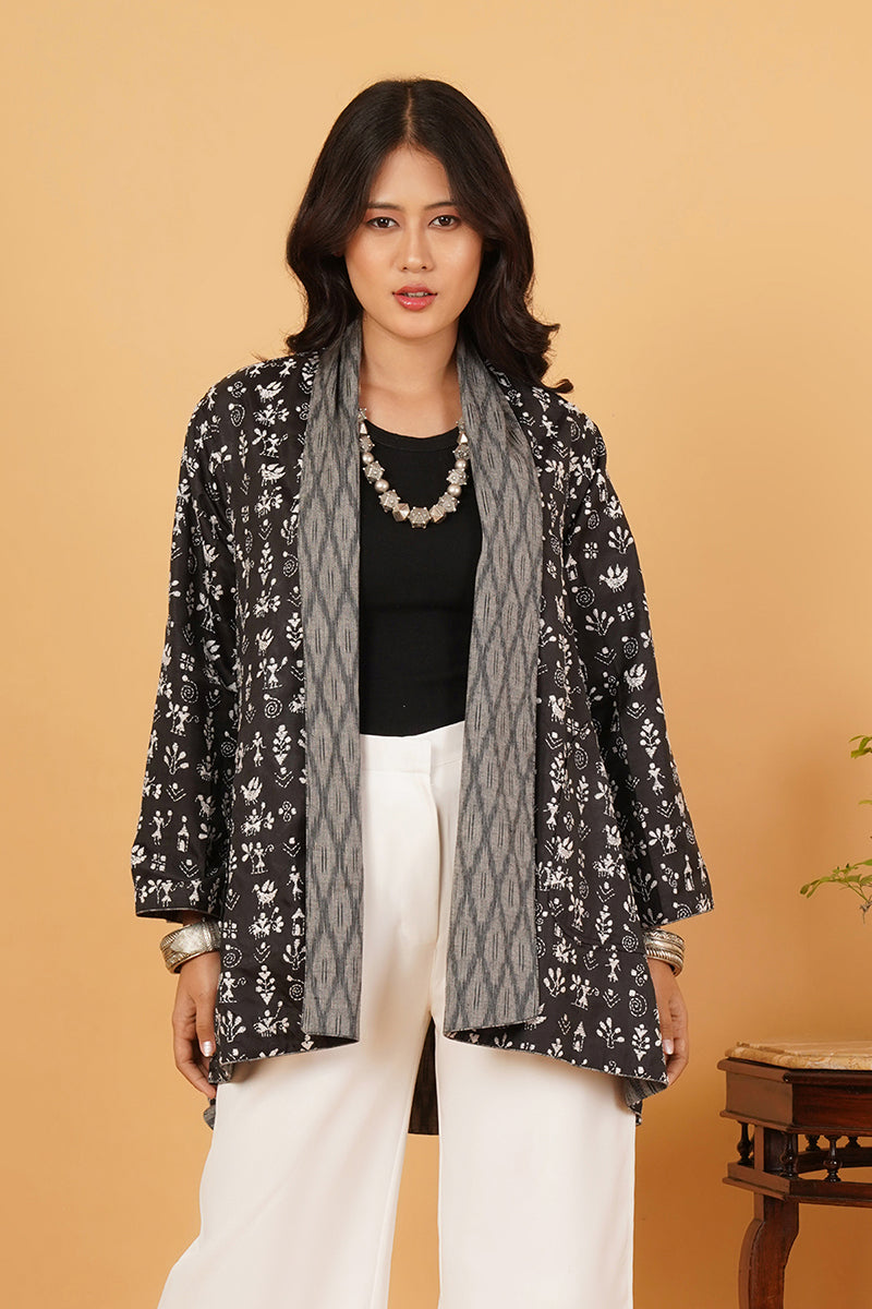 Black Kantha Grey Ikkat Cotton Overlay