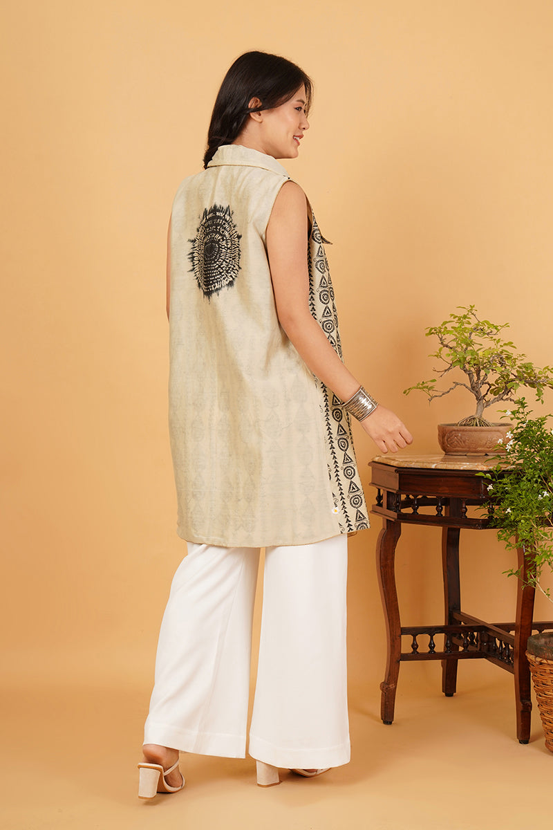 Black White Kantha Beige Chanderi Overlay