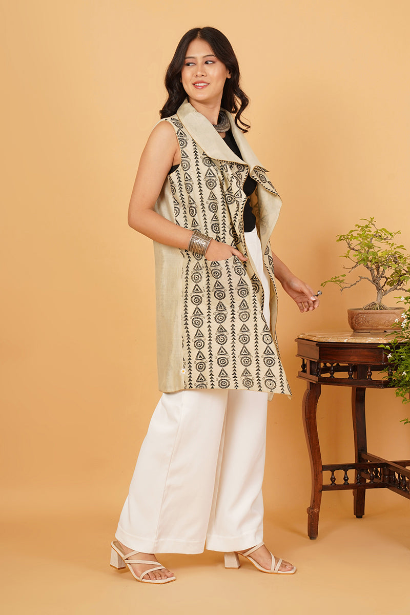 Black White Kantha Beige Chanderi Overlay