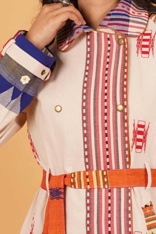 OFF WHITE MULTI BLUE KOTPAD TRENCH JACKET