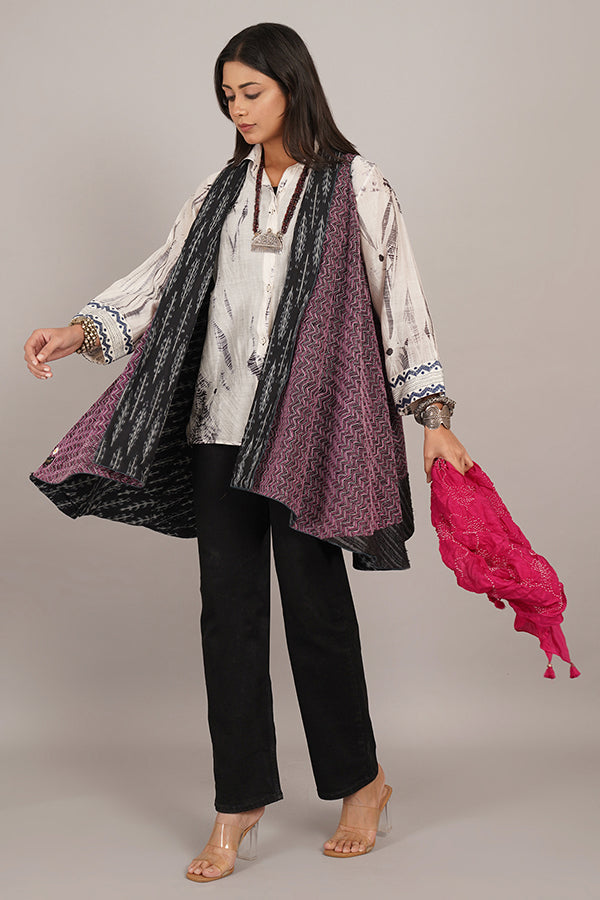 Black Purple Kantha & Black Ikkat Cotton Overlay
