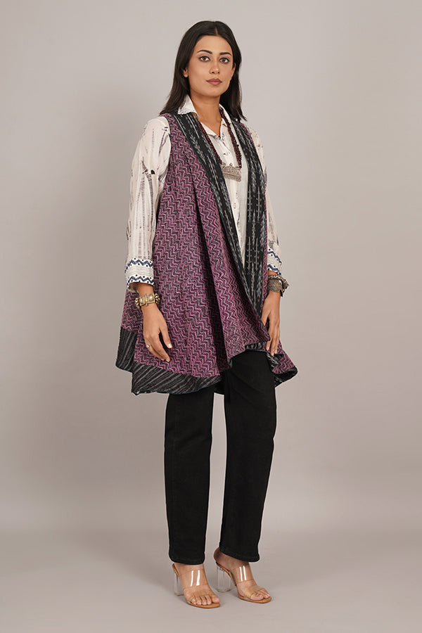Black Purple Kantha & Black Ikkat Cotton Overlay