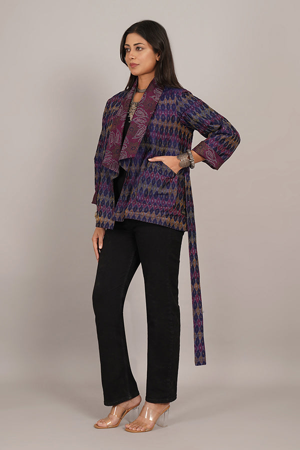 PURPLE KANTHA   RAW SILK IKAT SHORT JACKET