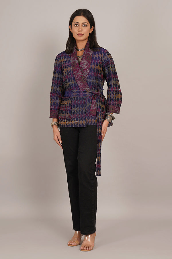 PURPLE KANTHA   RAW SILK IKAT SHORT JACKET