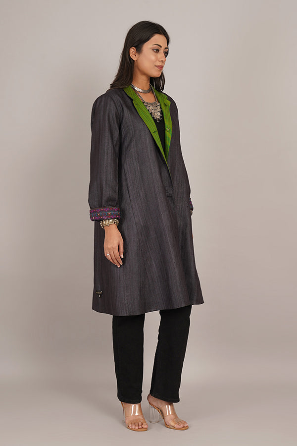 DARK GREY TUSSAR GHEECHA GREEN WOLLEN LONG JACKET