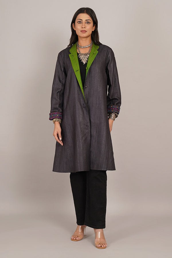 DARK GREY TUSSAR GHEECHA GREEN WOLLEN LONG JACKET