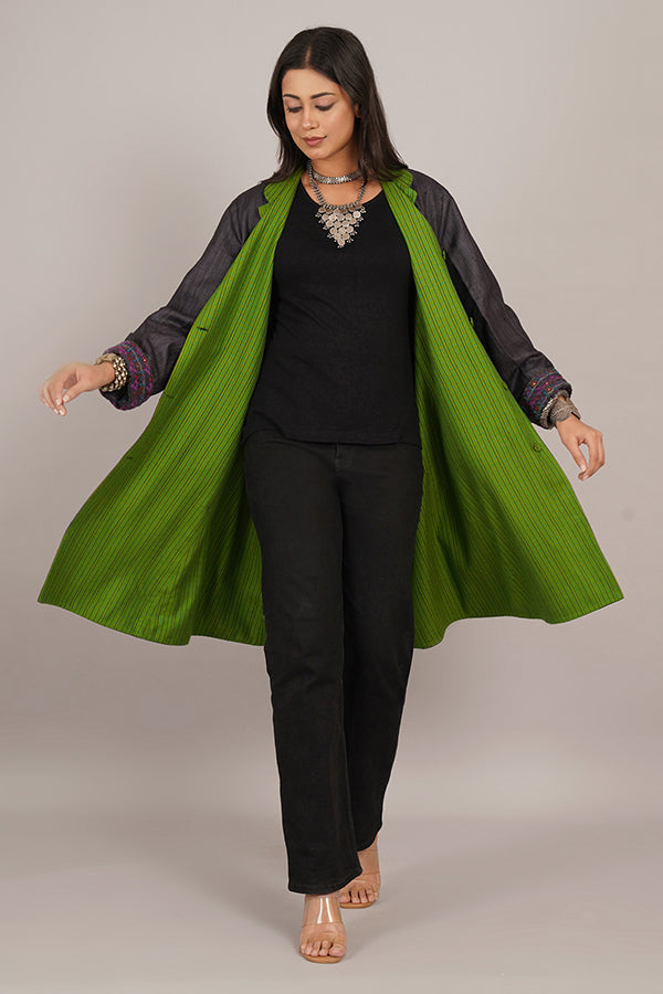 DARK GREY TUSSAR GHEECHA GREEN WOLLEN LONG JACKET