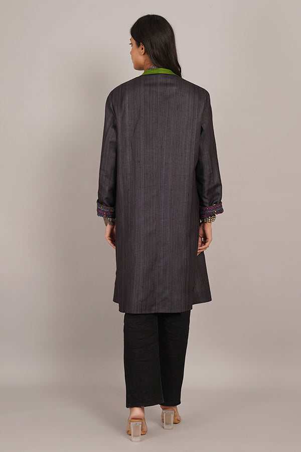 DARK GREY TUSSAR GHEECHA GREEN WOLLEN LONG JACKET