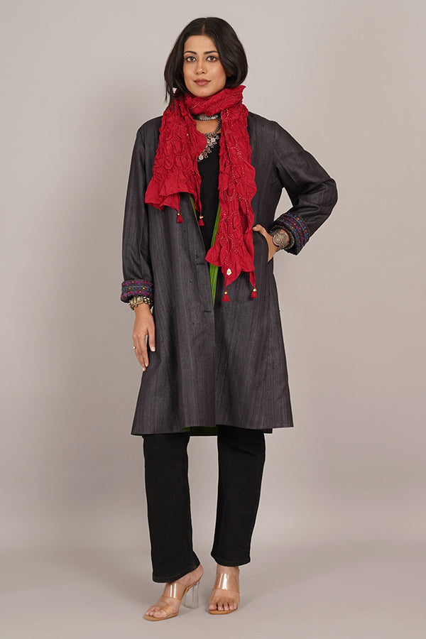 DARK GREY TUSSAR GHEECHA GREEN WOLLEN LONG JACKET