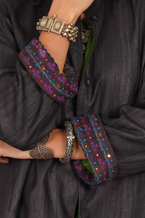 DARK GREY TUSSAR GHEECHA GREEN WOLLEN LONG JACKET