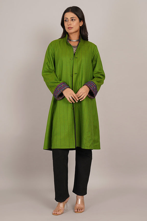 DARK GREY TUSSAR GHEECHA GREEN WOLLEN LONG JACKET