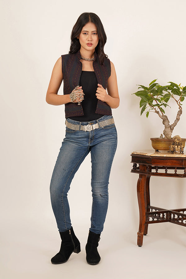 BLACK KANTHA IKKAT COTTON WAIST COAT