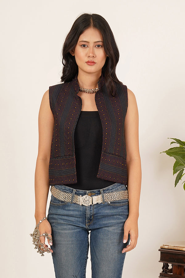 BLACK KANTHA IKKAT COTTON WAIST COAT