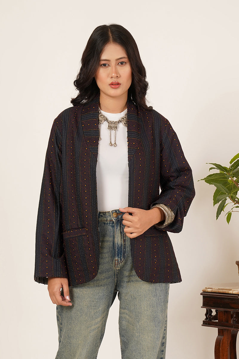 BLACK KANTHA  IKKAT COTTON SHORT JACKET