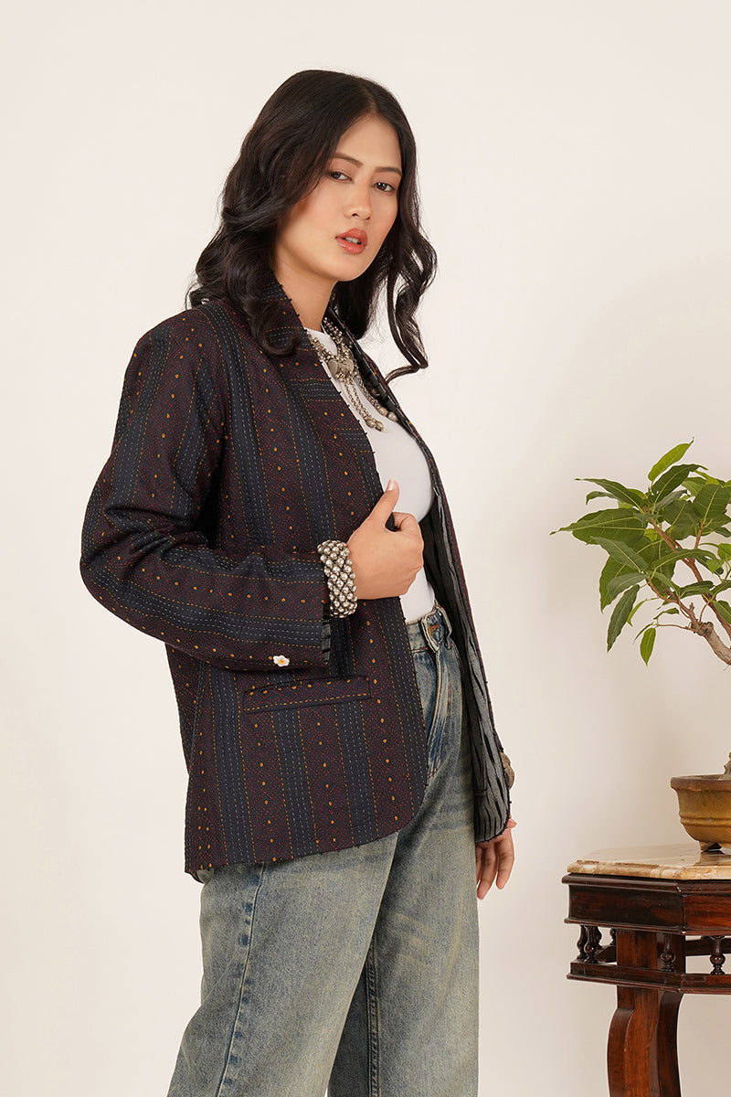 BLACK KANTHA  IKKAT COTTON SHORT JACKET