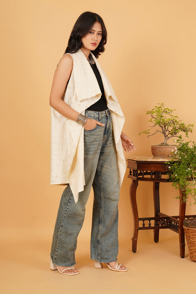 Cream Colour Kantha Beige Chanderi Overlay
