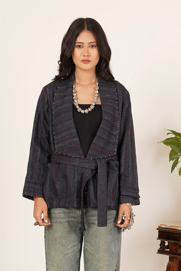 BLUE KANTHA IKKAT SHORT JACKET.