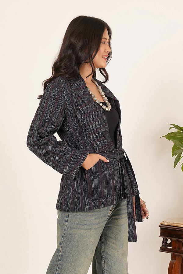 BLUE KANTHA IKKAT SHORT JACKET.