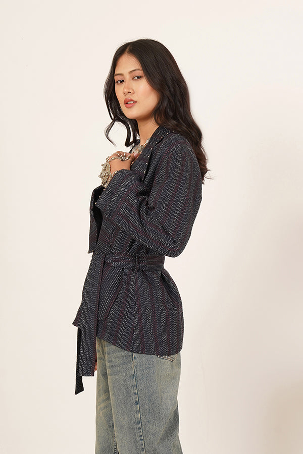 BLUE KANTHA IKKAT SHORT JACKET.