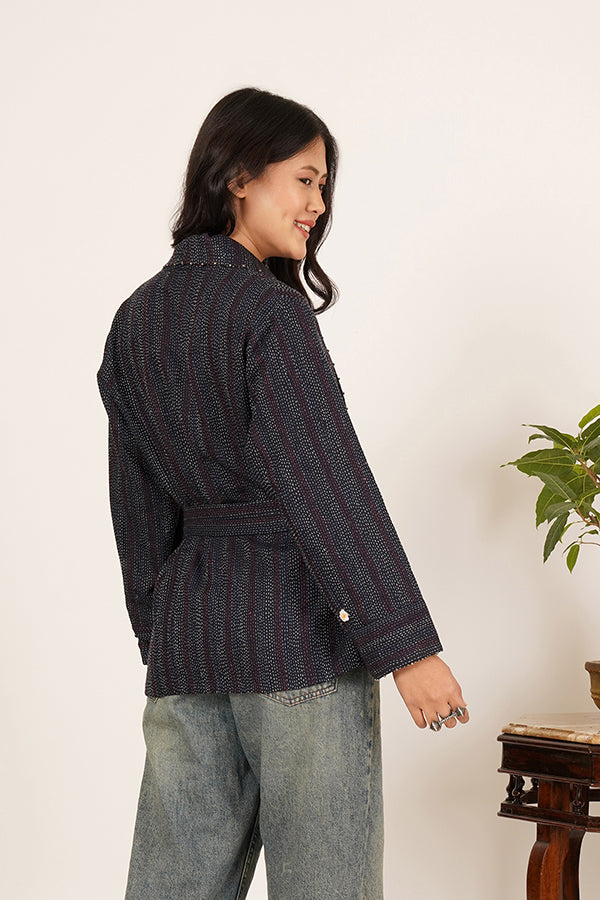 BLUE KANTHA IKKAT SHORT JACKET.