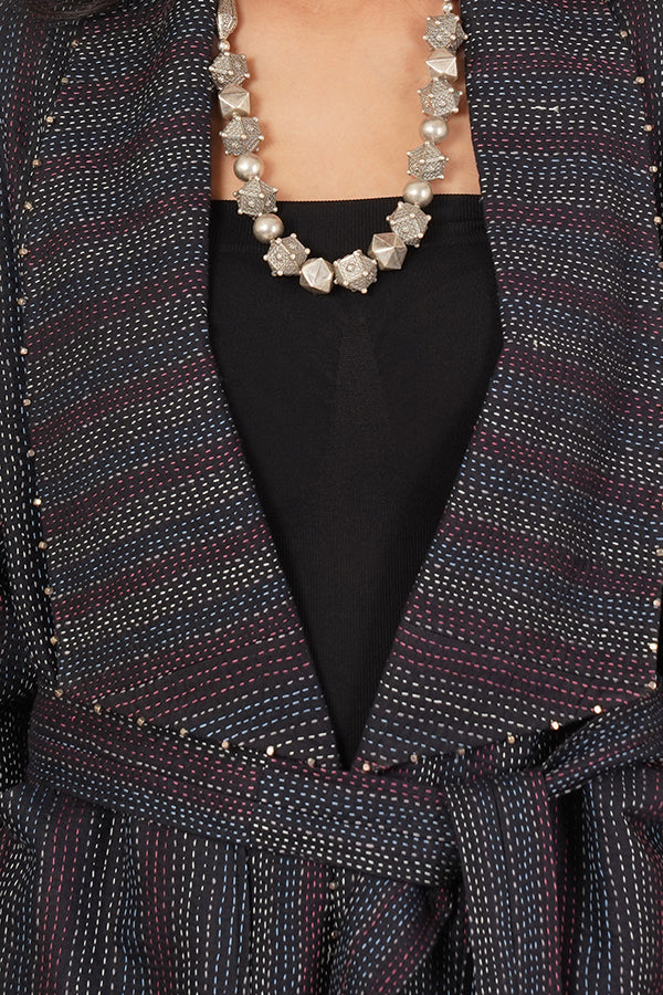 BLUE KANTHA IKKAT SHORT JACKET.