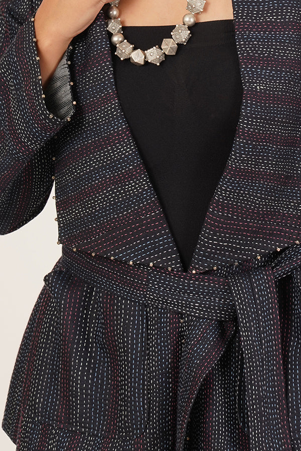 BLUE KANTHA IKKAT SHORT JACKET.