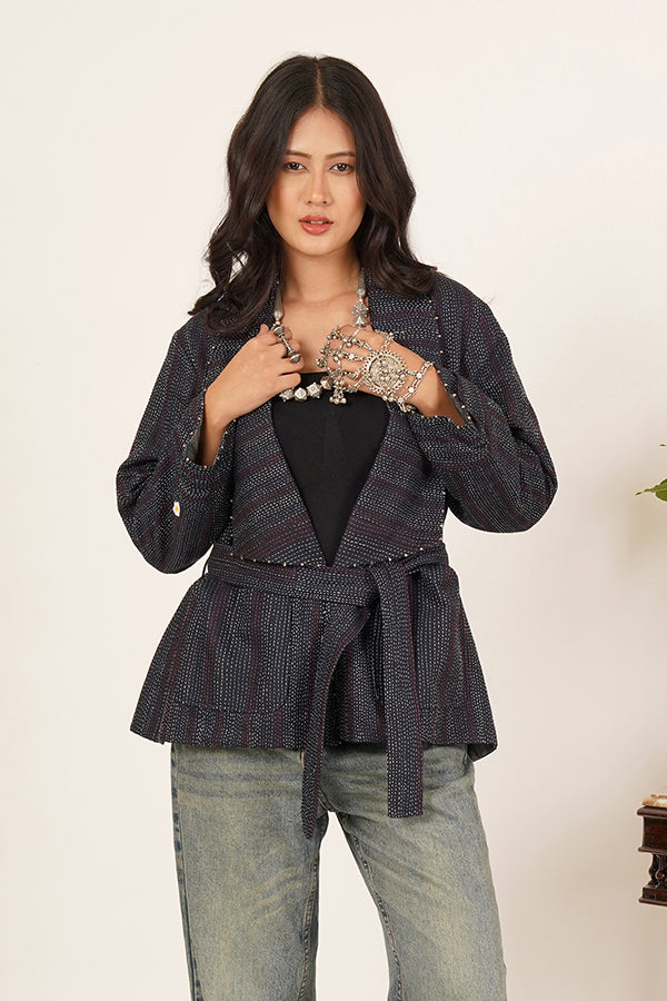 BLUE KANTHA IKKAT SHORT JACKET.