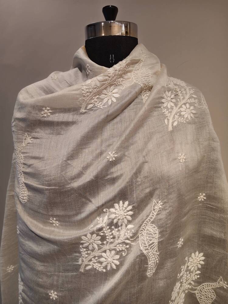 White Floral Chikankari Dupatta